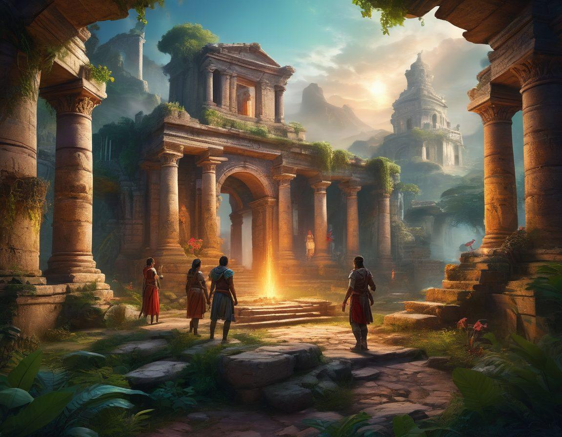 A vibrant fantasy landscape depicting a diverse group of players in interactive engagement, exploring ancient ruins together. Include fantastical creatures and lush greenery, with a mystical light illuminating their faces, symbolizing connection and adventure. Show elements of teamwork such as players helping each other or exchanging items. Create an enchanting atmosphere filled with excitement and camaraderie. super-realistic. vibrant colors. fantasy art.