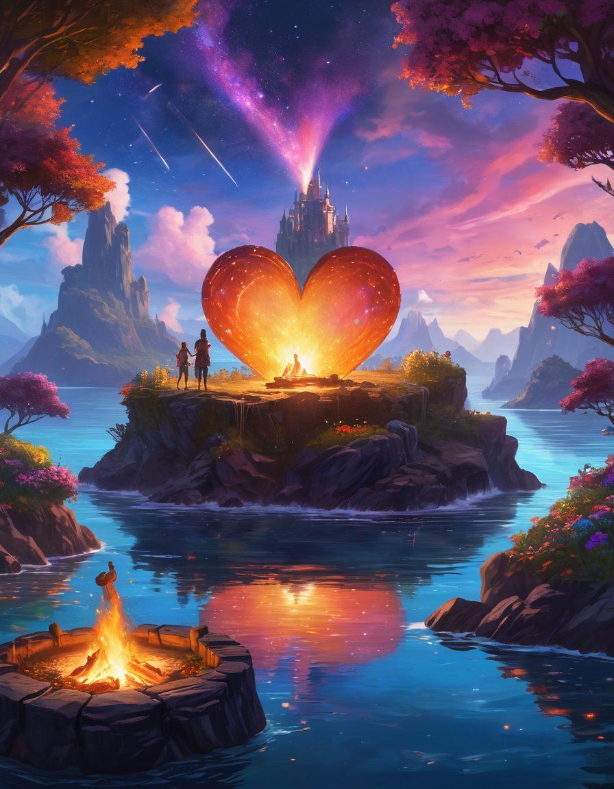 A whimsical scene depicting a heart-shaped island in the middle of a fantastical ocean, populated by adventurous MMORPG characters engaging in romantic quests. In the foreground, a knight and a mage are sharing a moment by a glowing campfire, while magical creatures dance around them. Lush forests and vibrant flowers surround the island, reflecting both adventure and romance. The sky is filled with colorful magic spells and shooting stars. digital painting. vibrant colors. fantasy art.