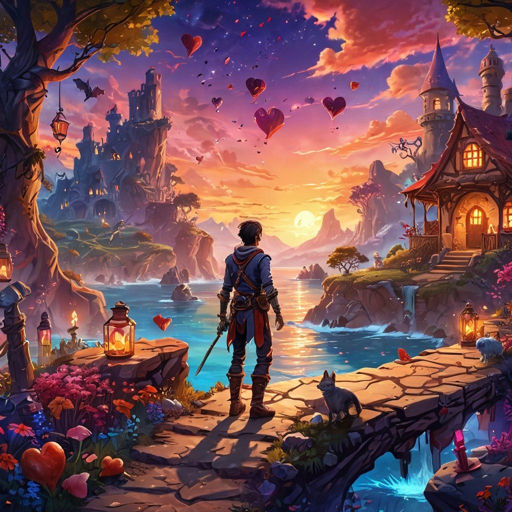 An adventurous character navigating a mystical Tibia landscape, surrounded by romantic elements like hearts and potion bottles, with fantasy creatures in the background. The scene is vibrant, capturing the essence of both romance and gaming, featuring spell-casting animations and glowing treasures. The sky is a blend of warm sunset hues, emphasizing an enchanting atmosphere. super-realistic. vibrant colors. fantasy style.